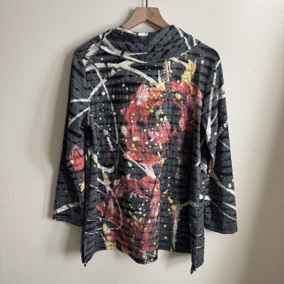 Jess & Jane Top Womens Medium Gray Cowl Neck Artsy Art To Wear Hippie Boho Tunic - Picture 9 of 16